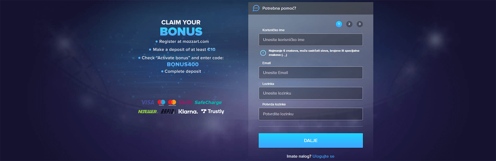 Proces registracije Mozzart kasina